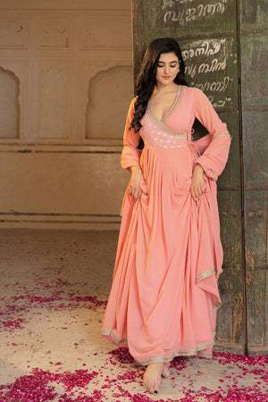 Peach Sequin with Embroidered Georgette Gown