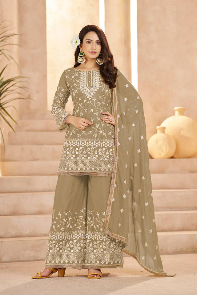 Beige Floral Embroidered Georgette Palazzo Suits