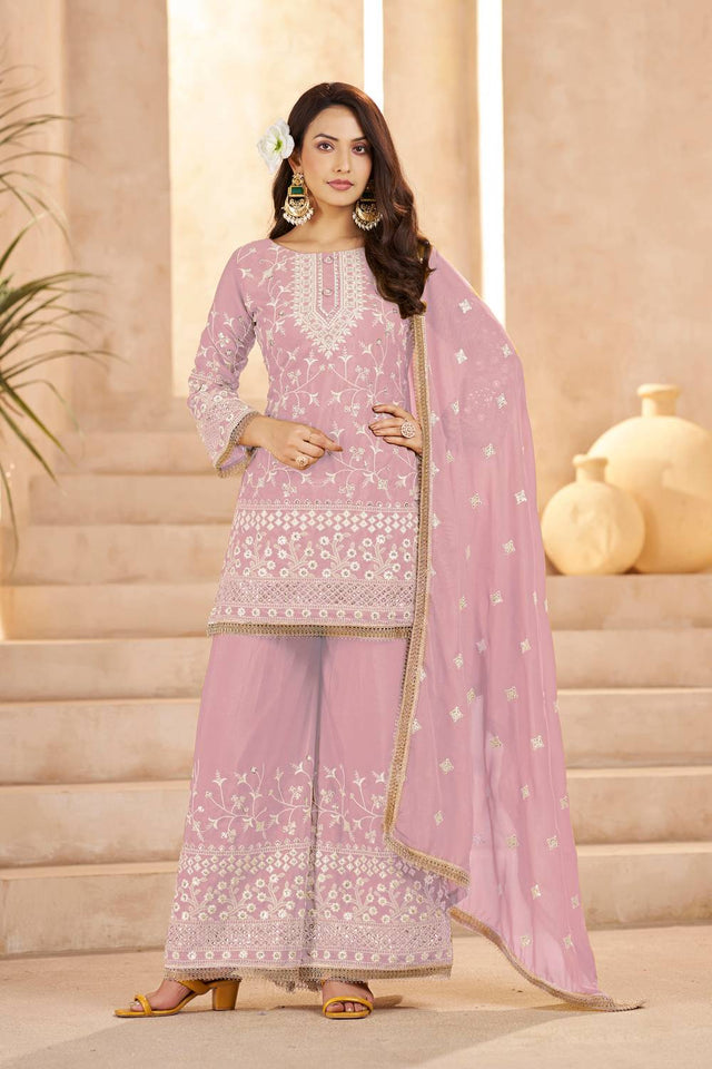 Pink Floral Embroidered Georgette Palazzo Suits