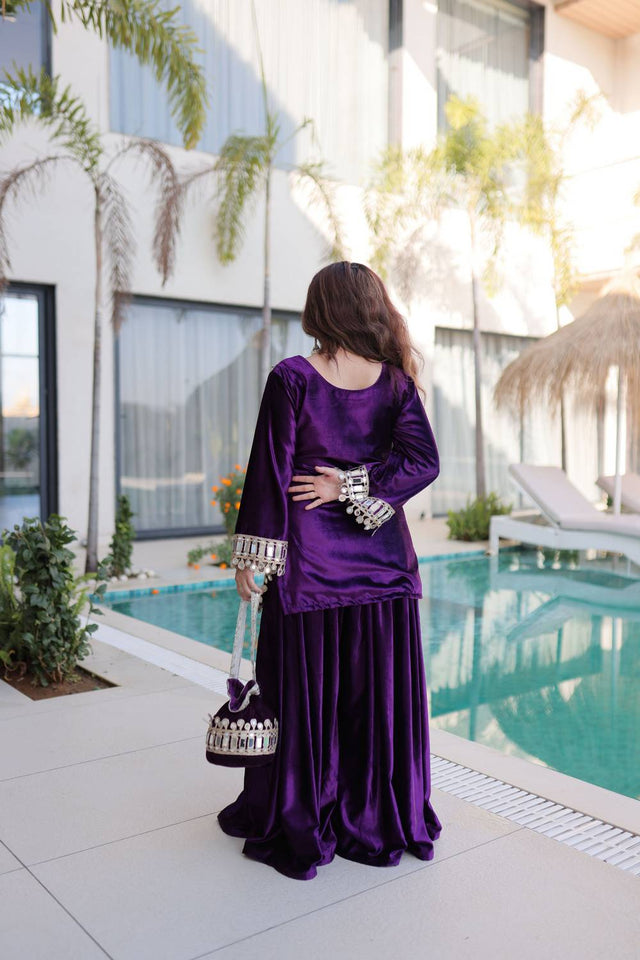 Violet Mirror Sequin Velvet Sharara Suits