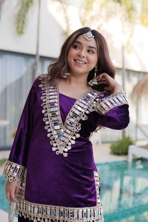 Violet Mirror Sequin Velvet Sharara Suits