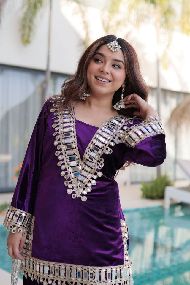 Violet Mirror Sequin Velvet Sharara Suits