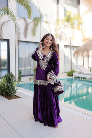 Violet Mirror Sequin Velvet Sharara Suits