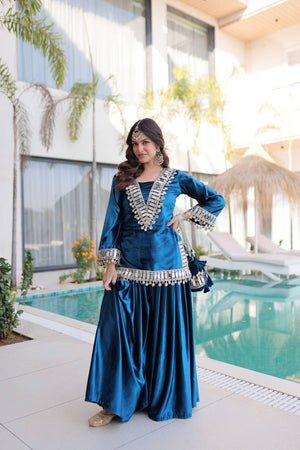 Turquoise Mirror Sequin Velvet Sharara Suits