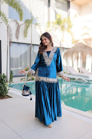 Turquoise Mirror Sequin Velvet Sharara Suits