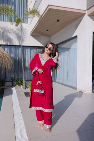 Pink Mirror Sequin Velvet Palazzo Suits