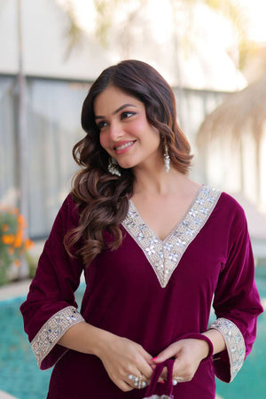 Wine Mirror Sequin Velvet Palazzo Suits