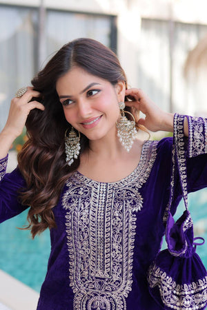 Violet Sequin with Embroidered Velvet Palazzo Suits
