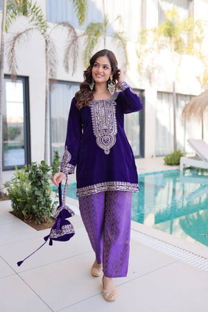 Violet Sequin with Embroidered Velvet Palazzo Suits