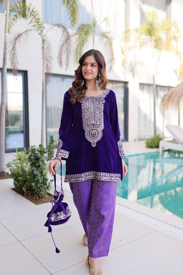 Violet Sequin with Embroidered Velvet Palazzo Suits