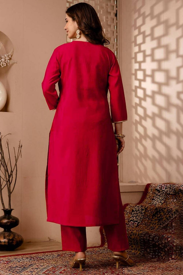 Red Floral Embroidered Silk Blend Straight Cut Suits