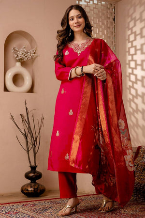 Red Floral Embroidered Silk Blend Straight Cut Suits
