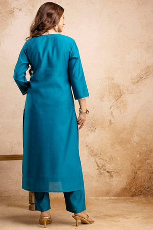 Blue Floral Embroidered Silk Blend Straight Cut Suits
