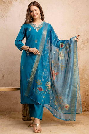 Blue Floral Embroidered Silk Blend Straight Cut Suits