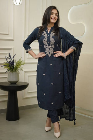 Navy Blue Floral Embroidered Cotton Straight Cut Suits