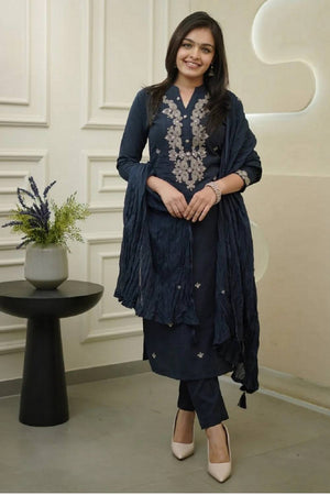Navy Blue Floral Embroidered Cotton Straight Cut Suits