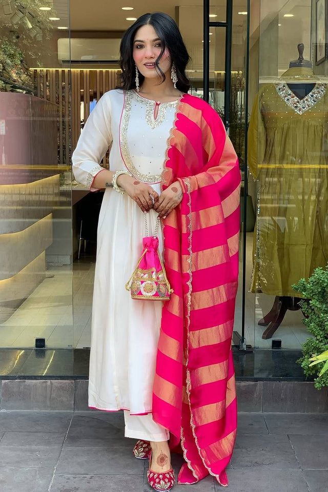 Cream Sequin Cotton Anarkali Suits