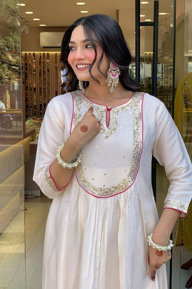 Cream Sequin Cotton Anarkali Suits