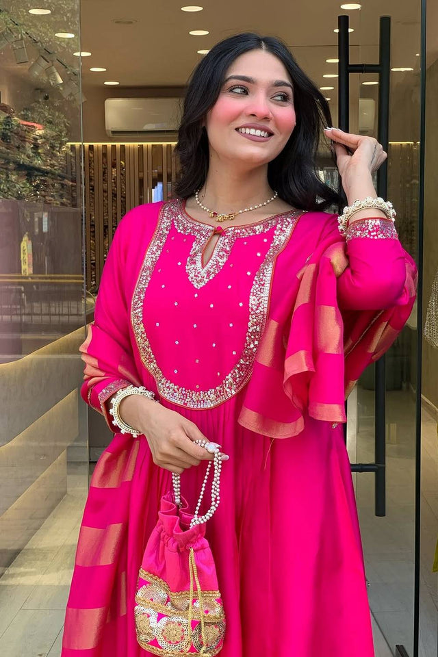 Pink Sequin Cotton Anarkali Suits