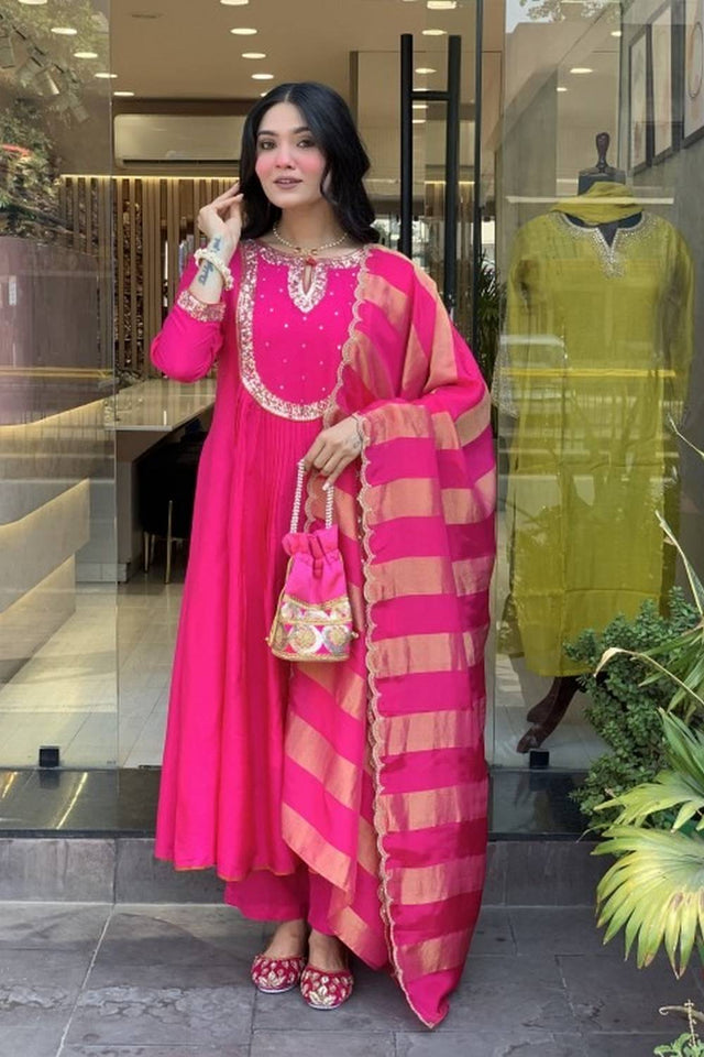 Pink Sequin Cotton Anarkali Suits
