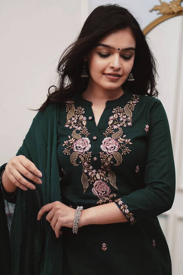 Green Floral Embroidered Cotton Straight Cut Suits