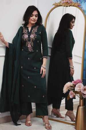 Green Floral Embroidered Cotton Straight Cut Suits