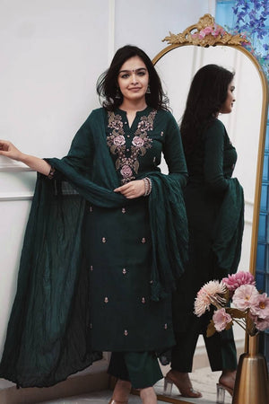 Green Floral Embroidered Cotton Straight Cut Suits