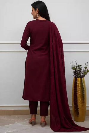 Maroon Floral Embroidered Cotton Straight Cut Suits