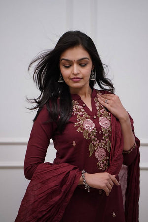 Maroon Floral Embroidered Cotton Straight Cut Suits
