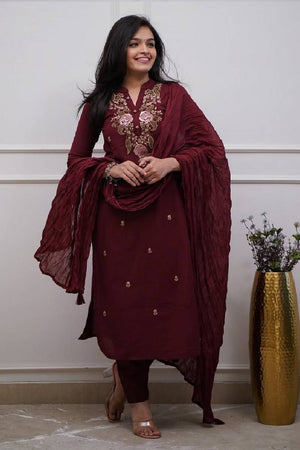 Maroon Floral Embroidered Cotton Straight Cut Suits