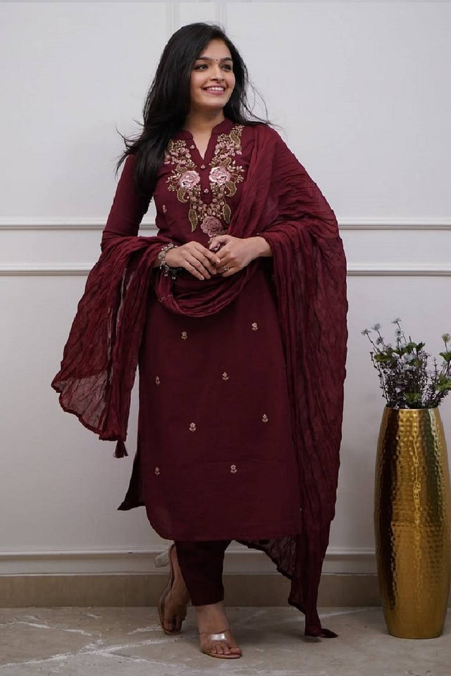 Maroon Floral Embroidered Cotton Straight Cut Suits