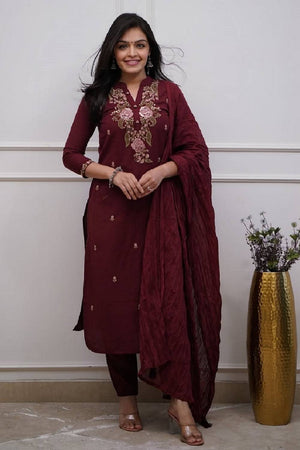 Maroon Floral Embroidered Cotton Straight Cut Suits