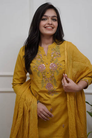 Mustard Floral Embroidered Cotton Straight Cut Suits