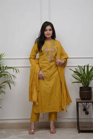 Mustard Floral Embroidered Cotton Straight Cut Suits