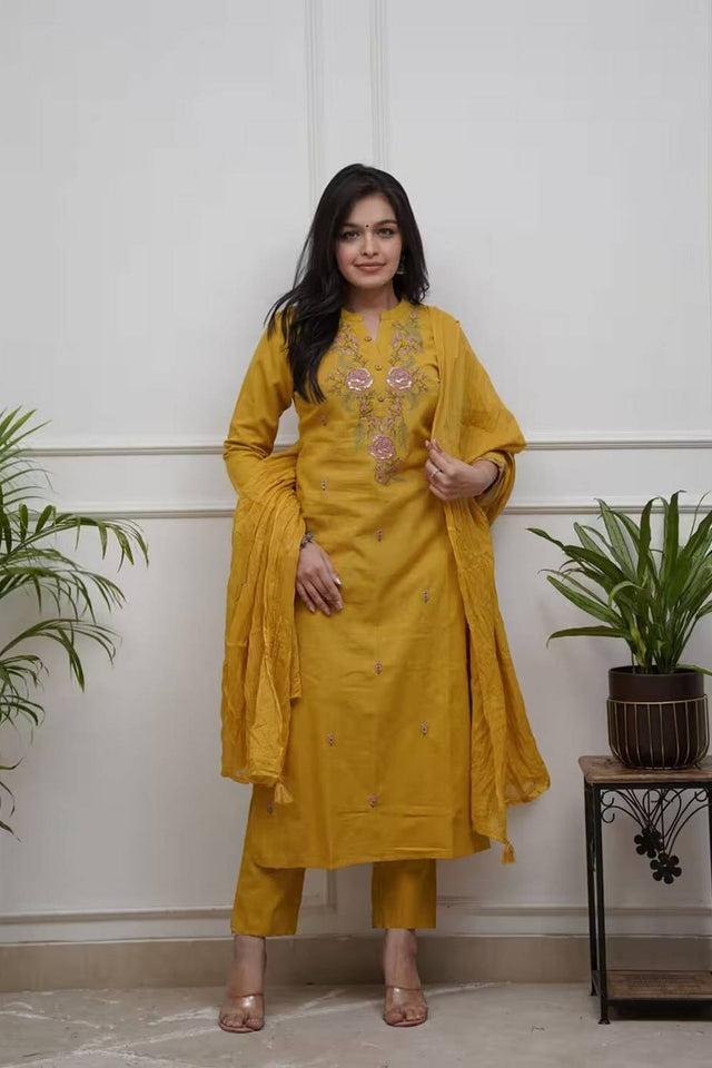 Mustard Floral Embroidered Cotton Straight Cut Suits