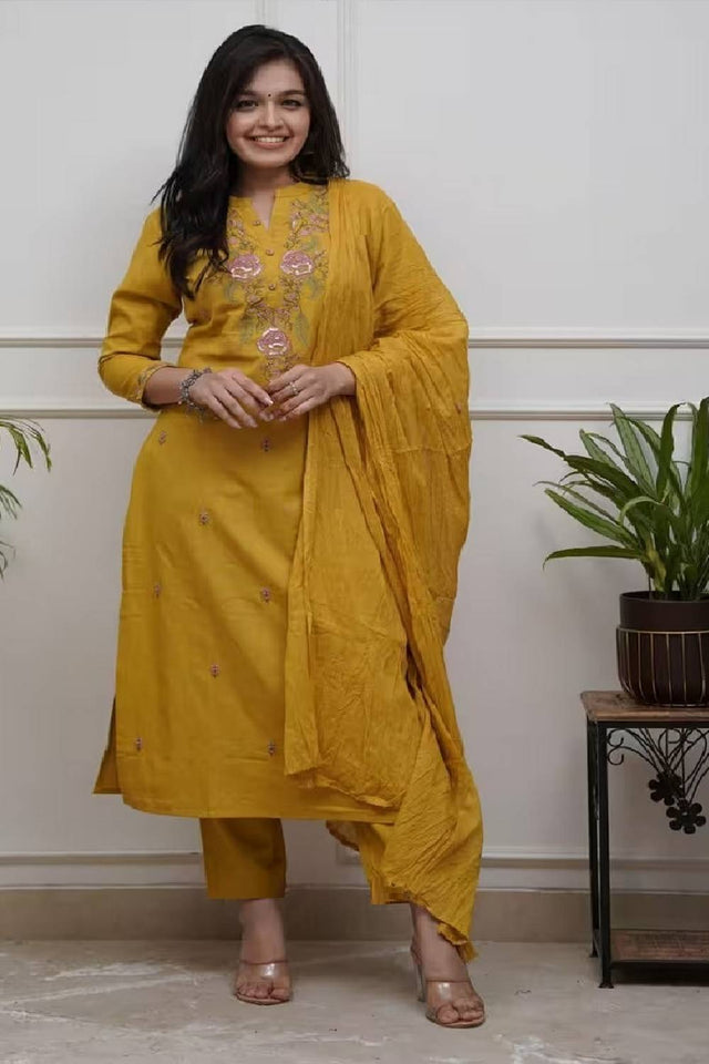 Mustard Floral Embroidered Cotton Straight Cut Suits