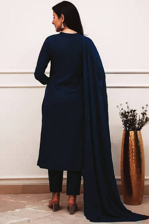 Navy Blue Floral Embroidered Cotton Straight Cut Suits