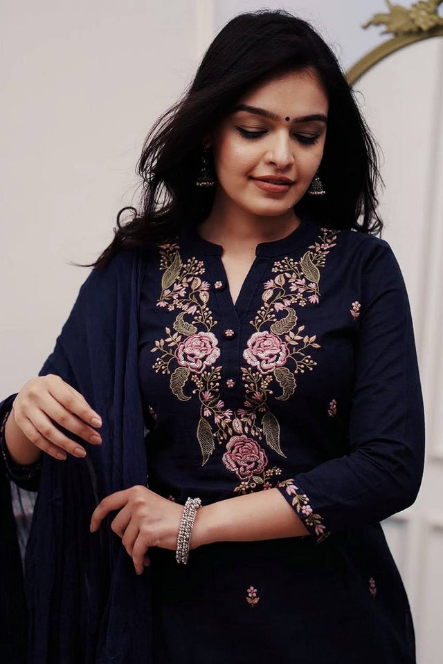 Navy Blue Floral Embroidered Cotton Straight Cut Suits