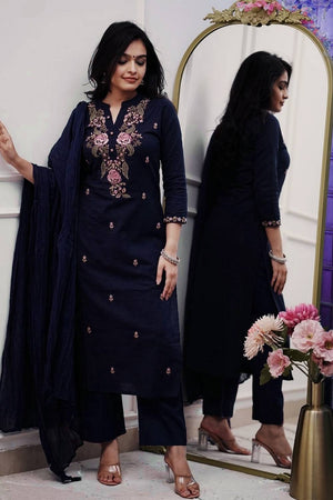Navy Blue Floral Embroidered Cotton Straight Cut Suits