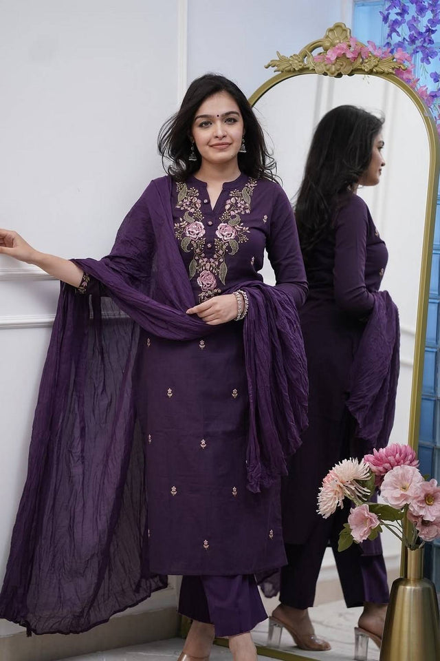 Wine Floral Embroidered Cotton Straight Cut Suits