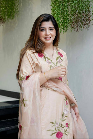 Cream Floral Embroidered Chanderi Anarkali Suits