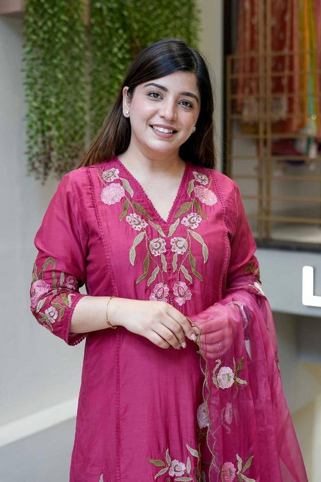 Pink Floral Embroidered Chanderi Anarkali Suits