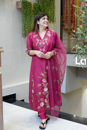 Pink Floral Embroidered Chanderi Anarkali Suits