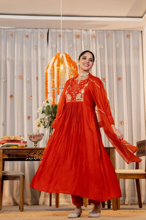 Orange Sequin with Embroidered Chanderi Anarkali Suits