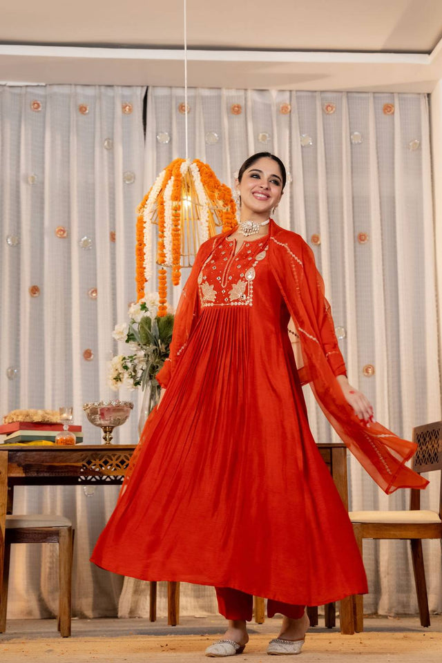 Orange Sequin with Embroidered Chanderi Anarkali Suits