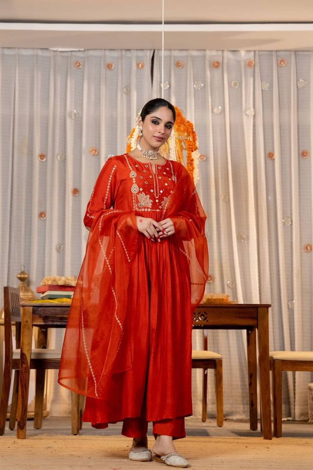 Orange Sequin with Embroidered Chanderi Anarkali Suits