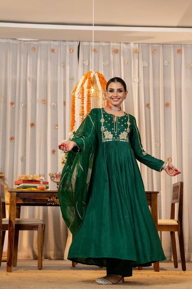 Green Sequin with Embroidered Chanderi Anarkali Suits