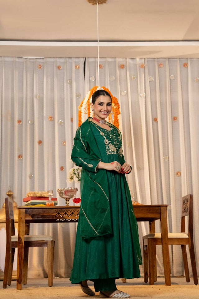 Green Sequin with Embroidered Chanderi Anarkali Suits