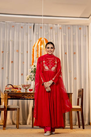 Red Sequin with Embroidered Chanderi Anarkali Suits
