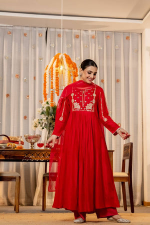 Red Sequin with Embroidered Chanderi Anarkali Suits